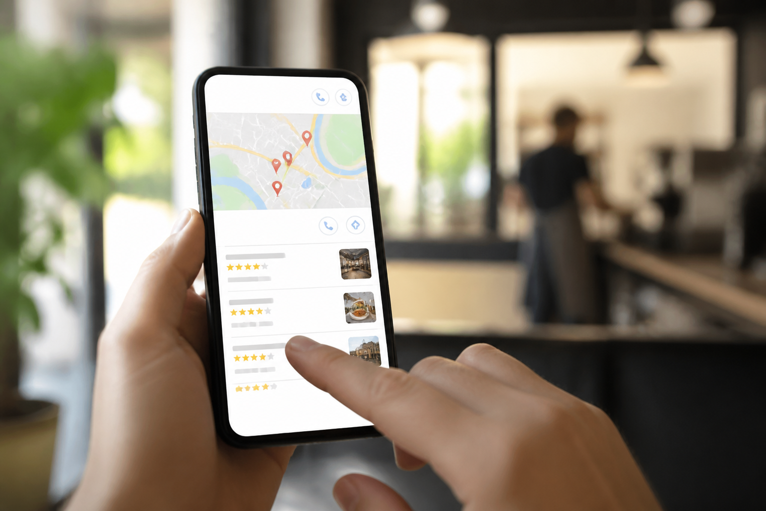 tela de computador ou celular mostrando uma busca local no Google, com diferentes empresas aparecendo no mapa. Pode ter uma empresa local ao fundo, de forma discreta.