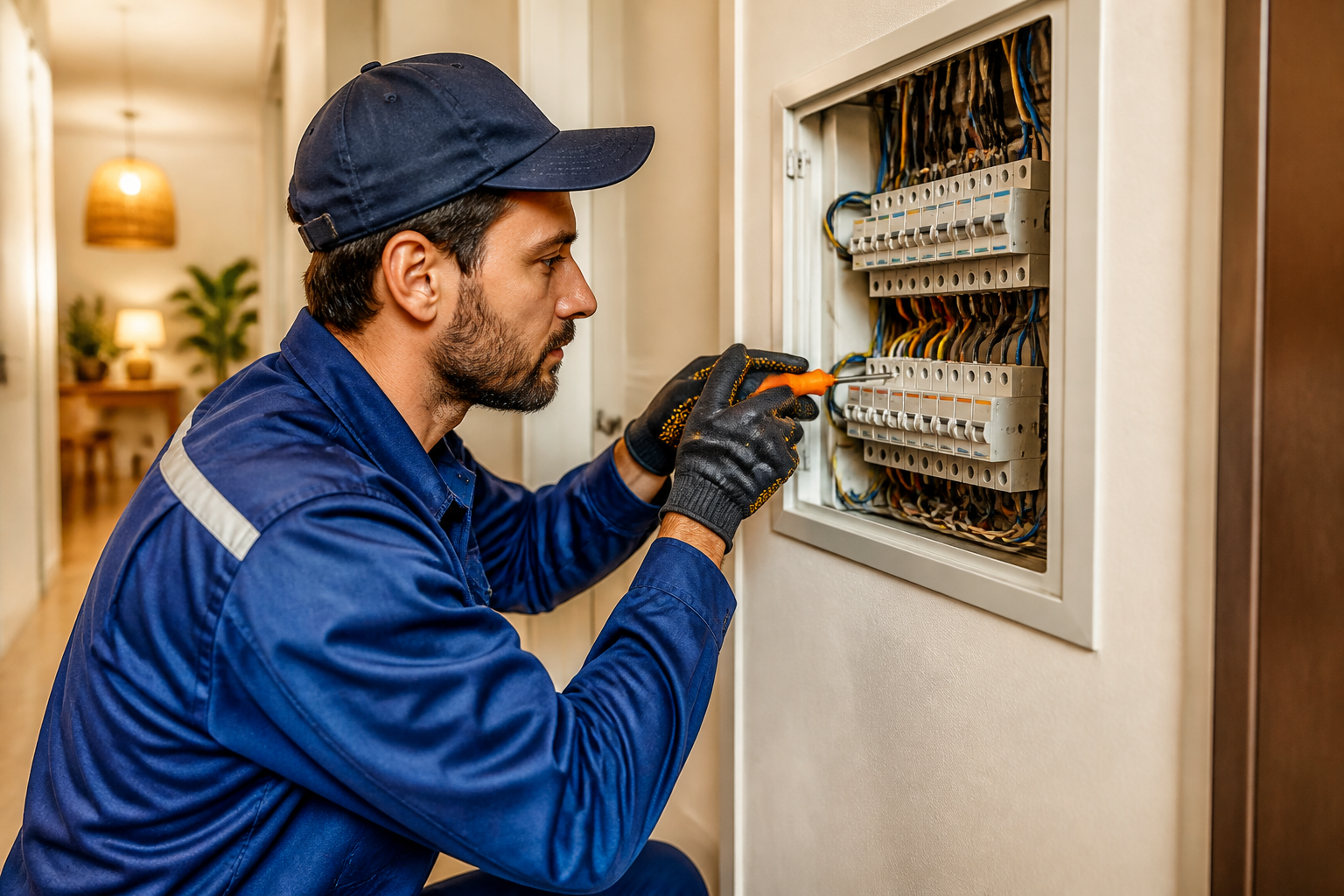 Eletricista profissional com uniforme e equipamentos de segurança trabalhando em um quadro de energia residencial, transmitindo confiança e seriedade.
