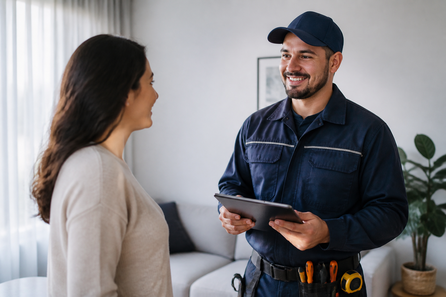 Eletricista profissional conversando e apertando a mão de um cliente satisfeito após a realização de um serviço em uma residência.