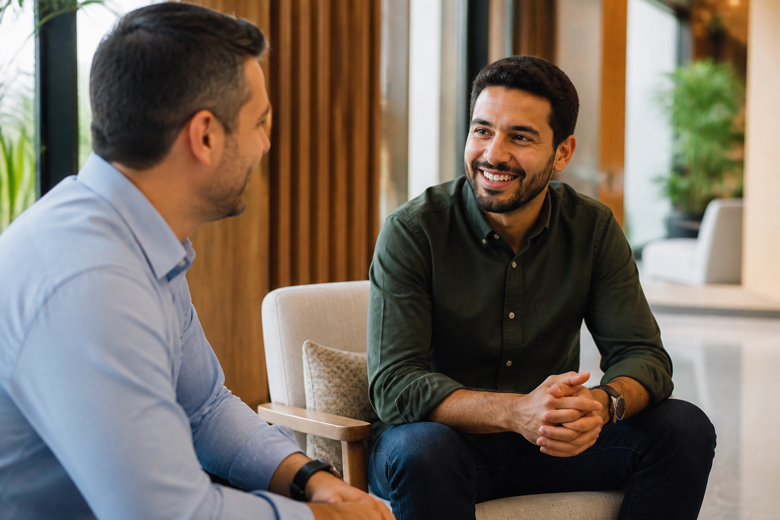 Empresário conversando com cliente em um relacionamento profissional baseado em confiança.