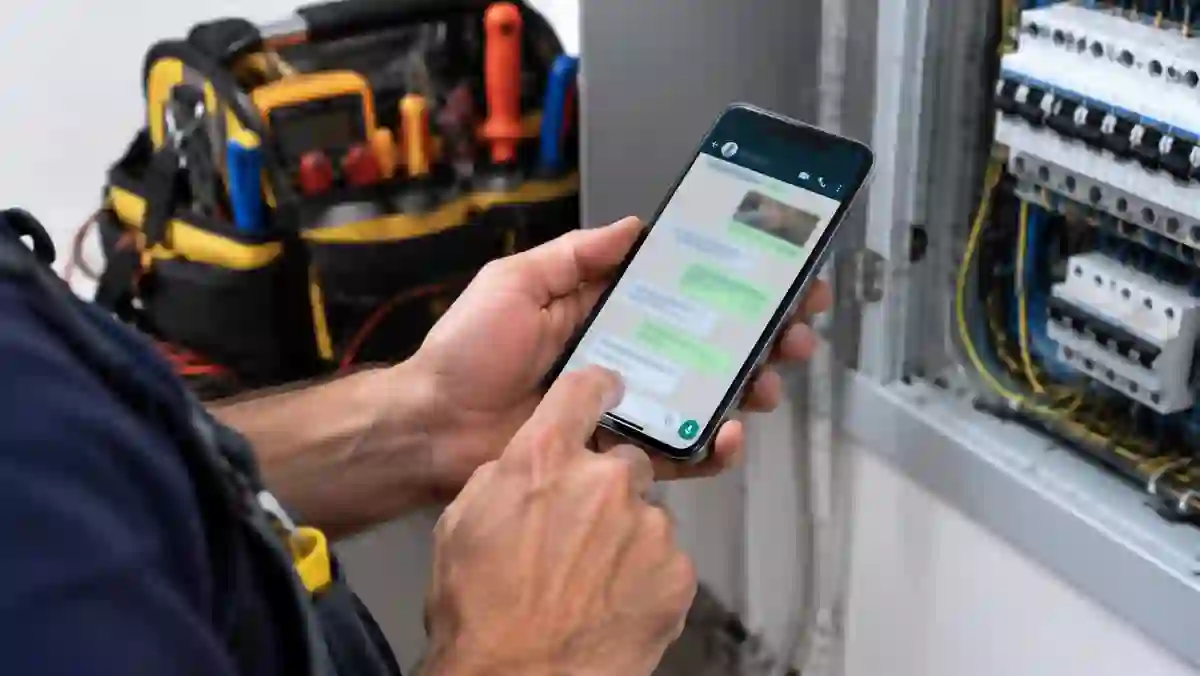 Eletricista respondendo cliente pelo WhatsApp durante o atendimento