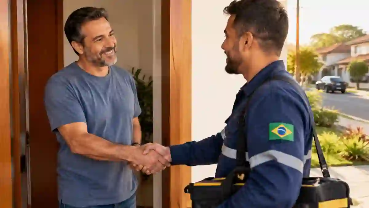 Cliente satisfeito cumprimentando o eletricista após o serviço