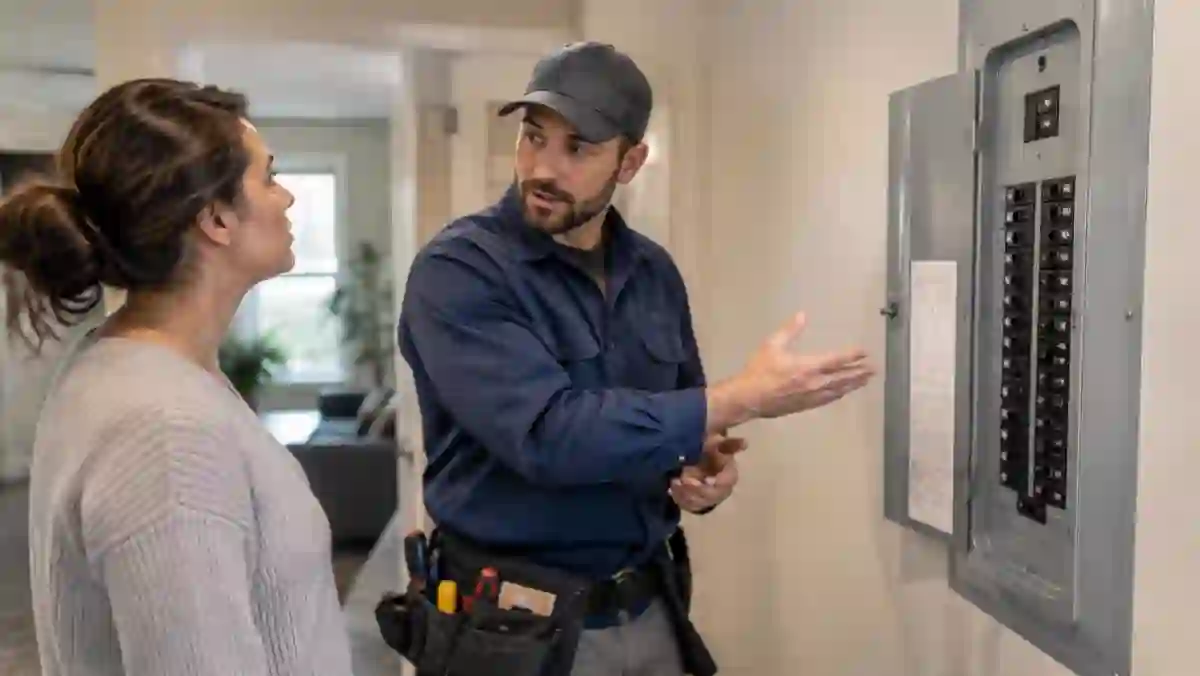 Eletricista explicando o quadro de energia para a cliente ao finalizar o serviço