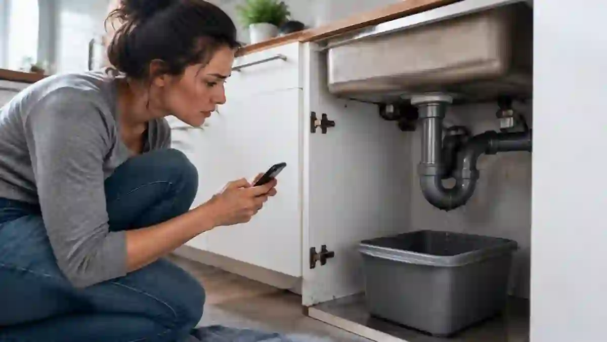 Mulher procurando encanador no celular diante de um vazamento na pia